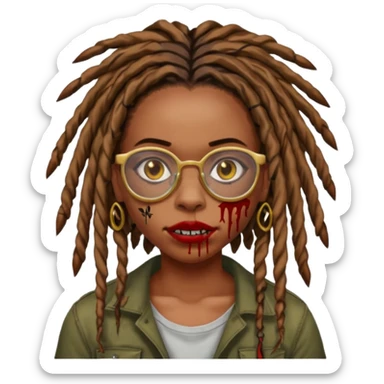 an african american girl with mid back length dread locs black glasses scar on the right side of face its like a red brown line im gold grills zombie mouth locs upfront sticker