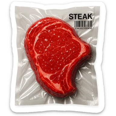 juicy steak sprinkled with tiny crystals, shiny and inflated, vacuum-sealed style sticker