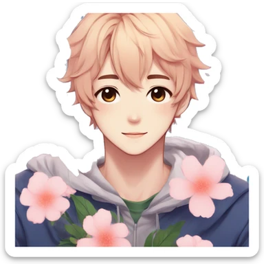 Gorgeous anime style shojo guy with blushing face and flowers aesthetic trending style outside sticker