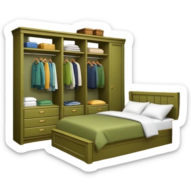 organized bedroom, olive green walls, wood bed and closet sticker
