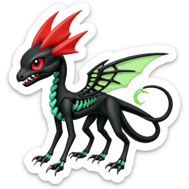 Obsidian-black and neon-glowing-green skeletal Meloetta-Salandit-Noivern-Zygarde-Pokémon-Fakémon-creature-fusion-hybrid with glowing crimson-red evil slit eyes sticker