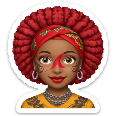 afro black hair with red head bandana and lots of face tattoo black skin girl sticker