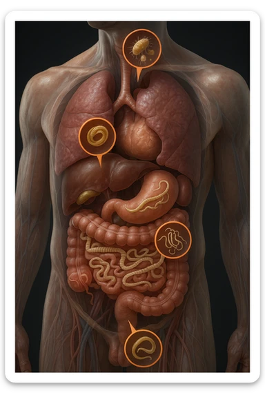 Vertical, hyper-realistic 3D cutaway illustration: the human body is shown in semi-transparent layers, exposing various types of parasites (tapeworms, roundworms, protozoa) inside the digestive tract and other organs. The parasites are rendered in vivid detail, with realistic lighting and shadows. Key areas of infection are highlighted sticker