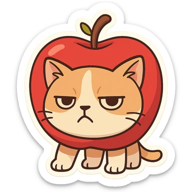 Cat meme, a cat head inside a red apple with mini limbs sticker