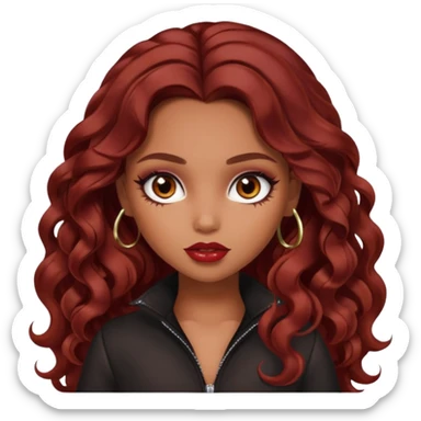 tan skin, girly bratz baddie, beautiful dark brown eyes, pretty makeup, long dark red wavy hair sticker