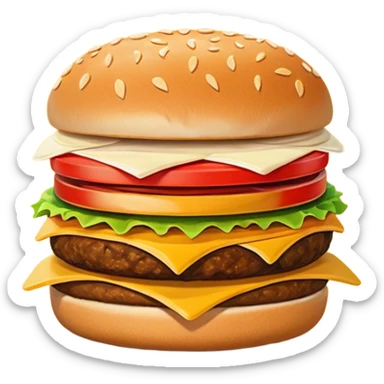 A clean and simple icon of fast food in emoji-style illustration. A burger with fries, nuggets and shawarma, bright and bold colors, simple shapes, flat design, high contrast, inviting and appetizing. sticker
