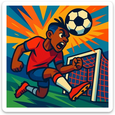 a footballer scoring a header, vibrant action, dynamic pose, energetic cartoon style, colorful, dramatic moment, expressive, stylized illustration sticker