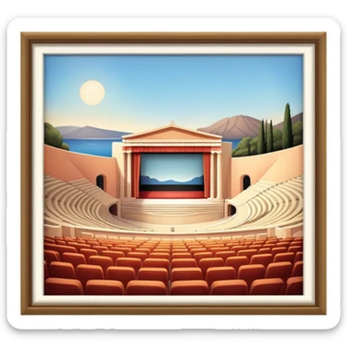 Cinematic Realistic Theatre of Epidaurus Landmark Emoji, depicted as a classical open‚Äêair theatre nestled in nature rendered with soft textures and serene, historical lighting. sticker