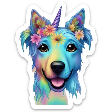 Multicolored rainbow retro groovy tie dye hippie trippy floral patterns on a metallic holographic iridescent blue dog face head unicorn sticker