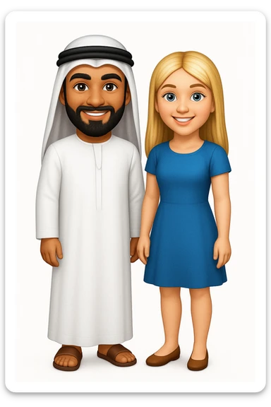 Сгенерируй мне в стиле детализированного емодзи пару, где мужчина с черной бородой и в арабском одеянии и чуть со смуглой кожей, а девушка чистая славянка, блондинка. В ПОЛНЫЙ РОСТ ОНИ И НЕ КАСАЮТСЯ КРАЕВ ИЗОБРАЖЕНИЯ sticker