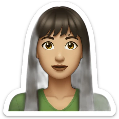 Young woman, light skin, long dark brown hair, straight bangs, dark green eyes, golden earrings sticker