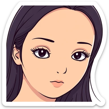 White girl with long oval shaped face, large almond shaped eyes with long eyelashes, long straight black hair falling in front of her bare shoulders, face closeup sticker