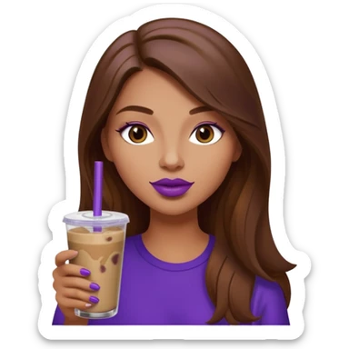 girl with long brown hair and wine lipstick drinking a blueberry butter pecan iced coffee with a purple straw  sticker