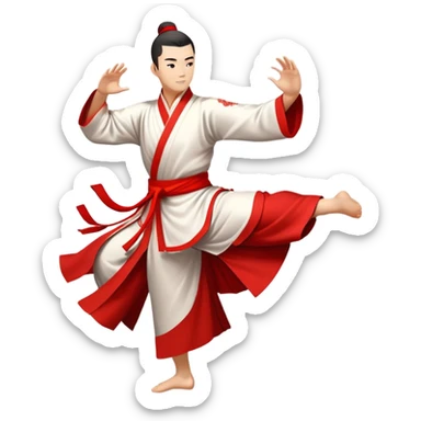 Emblem symbolizing Wushu martial arts. A graceful martial artist performs a dynamic kung fu pose, with flowing movements and a long, elegant robe. The background features stylized clouds and traditional Chinese symbols, representing fluidity, balance, and precision. Transparent background. sticker