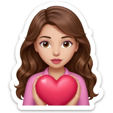 girl with long wavy brown hair, brown eyes, light to medium complexion, in a pink shirt, pink lips, long lashes, squeezing a big heart sticker