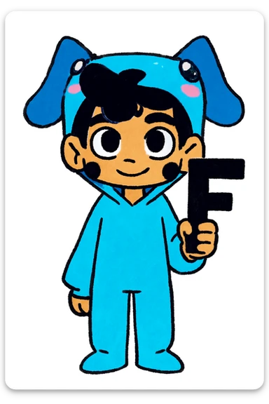 Add a bold black letter F in the character's right hand, keeping the original style and pose intact. Only add the letter, do not change anything else. sticker