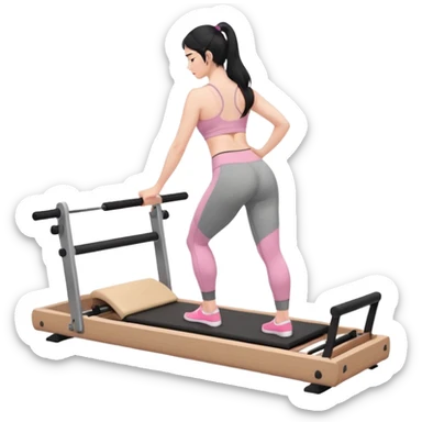 Create a Pilates emoji: a girl with fair skin and black hair, wearing a grey bra and grey leggings with pink pilates socks, on all fours on a wooden reformer. Make it look at the reformer. Make the colors neutrals. sticker