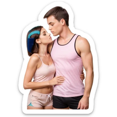 A couple, mid-20s, standing close and kissing. Man: short brown hair, clean-shaven, wearing a plain pastel pink t-shirt and dark shorts. His left arm is wrapped around the woman’s waist. Woman: long straight brown hair, wearing a black sleeveless glittery top with thin straps and a black skirt.  sticker