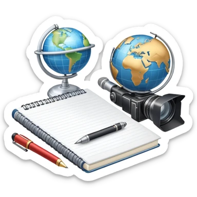 An icon showing a microphone, a notepad, and a camera, symbolizing journalism. The design includes a globe in the background, representing global news, and a breaking news banner for emphasis. Transparent background highlights the dynamic world of media and reporting. sticker