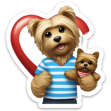 Bear toy with white and blue stripped shirt and redheart in the middle being held next to a yorkie dog sticker