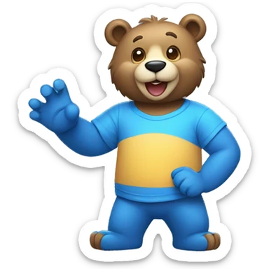 A blue colored  bear who’s very happy and giving a high five and wearing a shirt that says gaming an sticker