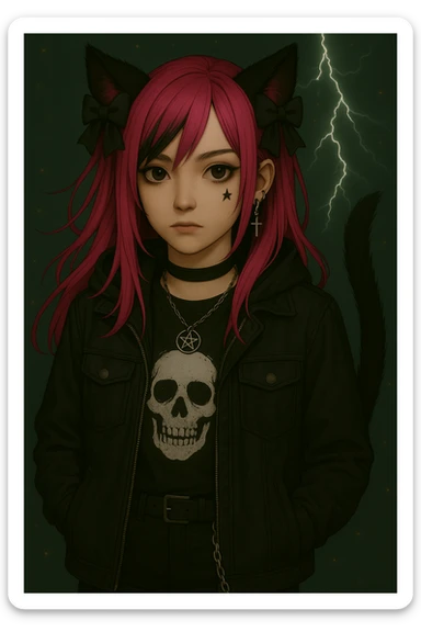 Add a stylish face tattoo, such as a small heart or star under the eye, to the character in the image. Keep the modern streetwear outfit, emo style, pink hair, dark magical accessory, sparkles, stormy background, and normal face. Render in a realistic anime style. sticker