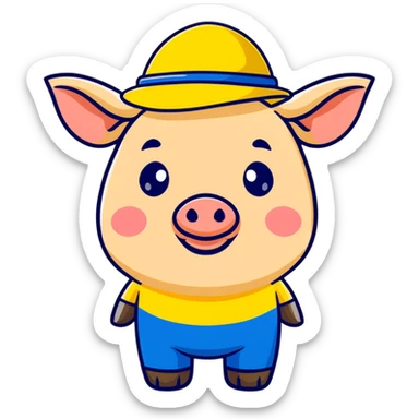 President Zelensky's head on a pig body wearing a yellow and blue hat sticker