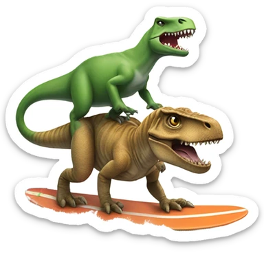 A cat riding a T. rex on a surfboard sticker