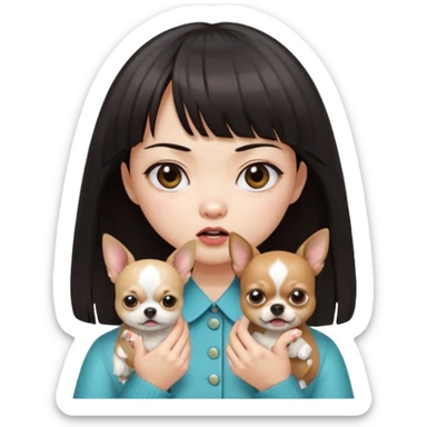 a pretty Asian girl, with hair bangs, pale skin, with manicure holding a chihuahua in her, angry sticker