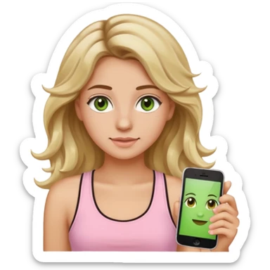 20-year-old girl with long wavy hair brown roots blonde highlights green eyes brown eyebrows good summer tan iPhone emoji style can you make her wear a light pink tank top sticker