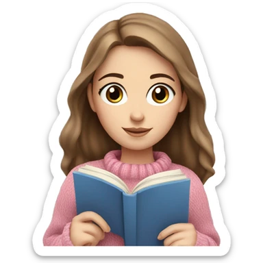 Pretty white girl with blue eyes and brown hair in pink cozy sweater reading book sticker