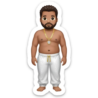 Fatman Scoop with dark brown hair, white sequin baggy pants, shirtless with necklace sticker