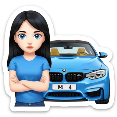 Make a cute Russian girl with black hair and blue eyes with a BMW m4 sticker