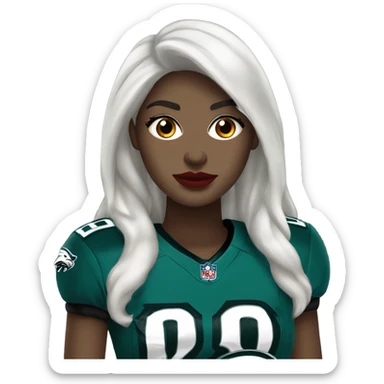 White female long dark hair red lips wearing Philadelphia Eagles jersey sticker