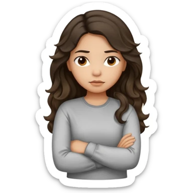 Hispanic light tan girl with long dark wavy hair slightly pouting and arms crossed. Wearing a long sleeve. Hair with middle part. sticker