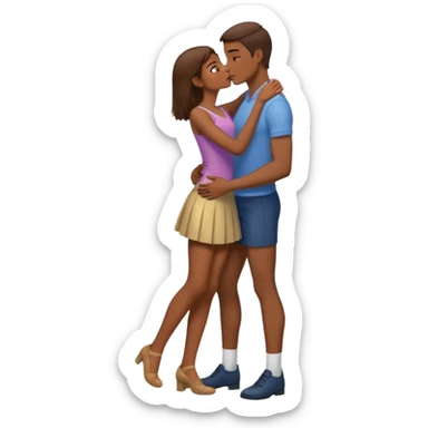 A naked girl with brown hair and bare small breasts openly kisses a tall guy with brown hair full-length on the lips. she is with naked boobs She is wearing a very short skirt and is in full height.she also all naked boobs She holds the man by the neck and has one leg raised and he holds that leg. sticker