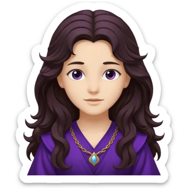 Libera from Olympus Gods with long dark brown wavy hair, deep purple tunic sticker