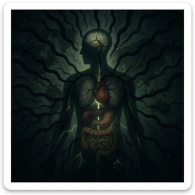 semi-realistic, high contrast lighting, moody and allegorical medical-fantasy atmosphere; surreal scene with dark, worm-like forms radiating from a single, semi-transparent human silhouette at the center, branching into every organ including brain, heart, gut, joints; the forms extend outward into a faint world map background suggesting global impact; the body and map are divided by glowing cracks where the parasites penetrate, with a sickly green mist seeping from every fissure sticker