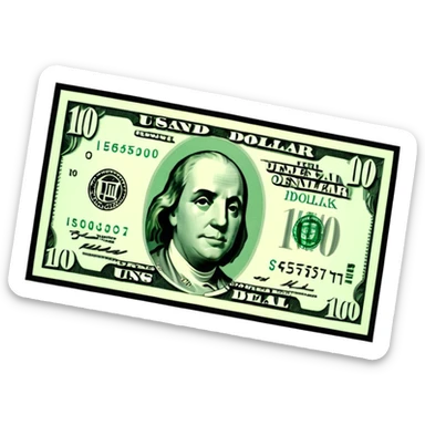 3D realistic US 100 dollar bill sticker, slight perspective, centered, clean cutout, transparent background, no text, no watermark sticker