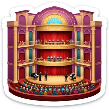 An icon depicting a theater stage with actors performing a play, illuminated by dramatic lighting. The audience watches from colorful balconies, while an orchestra plays in the pit, creating an immersive atmosphere. transparent background. sticker