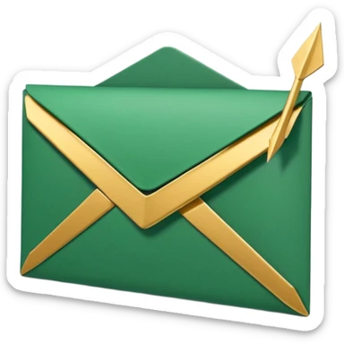 3D minimal envelope icon slightly open with subtle upward arrow coming out, matte finish, deep green (#0B3D2C), gold (#C9B037) arrow accent, Apple style, ultra sleek and clean, soft shadow, transparent background sticker