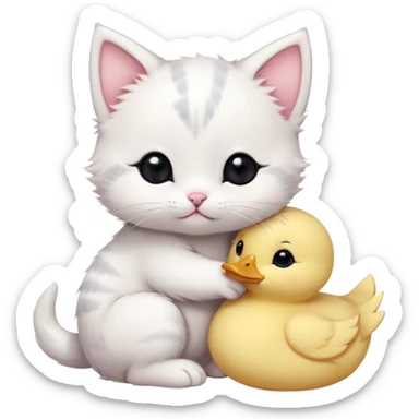 A simple and cute white kitten with pink blush on its cheeks and three short gray lines on its head. The kitten is hugging and biting a yellow, fluffy little duck that looks like a plush toy or a cookie. There is some kitten drool on the duck's head. The overall style is hand-drawn, with simple lines and a soft, adorable look. The kitten has round black eyes and a silly, innocent expression. The little duck looks helpless. sticker