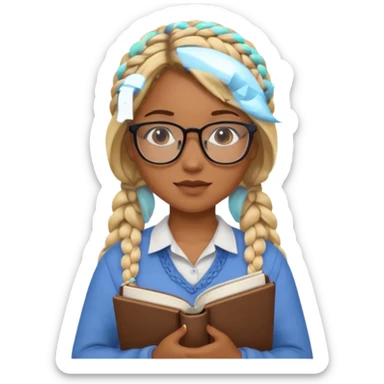 A student, girl, brown skin, braid blonde hair, wearing glasses, hold book in front of their chest sticker