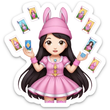 pixel art chibi asian girl with dark long hair in pink bunny hat magical girl with tarot cards thrown in air pixel emoji sticker