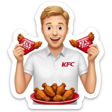 "Create an emoji of a white man holding KFC chicken wings with a happy and excited expression. Make sure to add the text 'KFC ABSOLUTE CINEMA ✋😮🤚' in large, bold letters, covering the entire screen and standing out clearly. This text must be included. Use a vibrant and expressive style." sticker