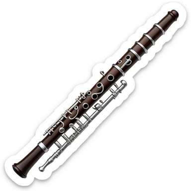Create an elegant and detailed emoji representing a black oboe with a reed. The design should showcase the sleek, dark wood finish of the oboe, with the metal keys clearly visible. The reed should be delicately placed at the top of the instrument, emphasizing its essential role in producing sound. Add subtle details like the silver or brass accents on the keys to reflect the high-quality craftsmanship of the instrument. Use deep black, silver, and wood tones for the oboe to capture its sophisticated appearance. The background should be transparent. sticker