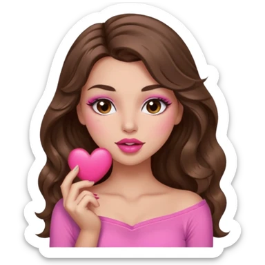 girl with long wavy brown hair, brown eyes, long lashes makeup, sexy pink lips, light to medium complexion, wearing a pink sexy top, sexy , puckering, blushing, kissing a heart sexy sticker