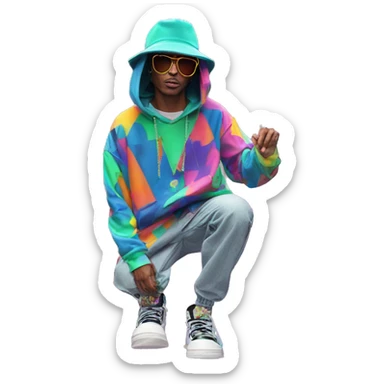 Multicoloured neon person smoking wearing patchwork patterned hippie groovy retro hoodie dancing hip hop bucket hat tropical Skater fashion aesthetic baggy clothes graphic t shirt 420 sticker