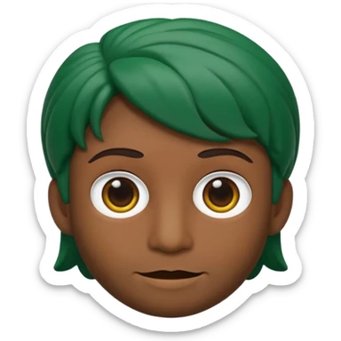 Crie um Memoji/emoji em estilo 3D, com pele verde, expressão assustada, olhos grandes castanhos, sem óculos. Cabelo curto e cacheado, bagunçado, de cor preta. Inclua pequenos detalhes como marcas sutis no rosto, mantendo o estilo cartoon da Apple. Use iluminação suave e fundo branco. sticker