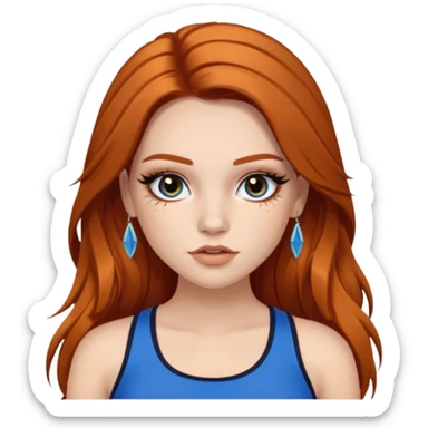 Pale girl with long black/brown hair with ginger streaks,wearing fake lashes,latina baddie makeup and a blue crop top sticker